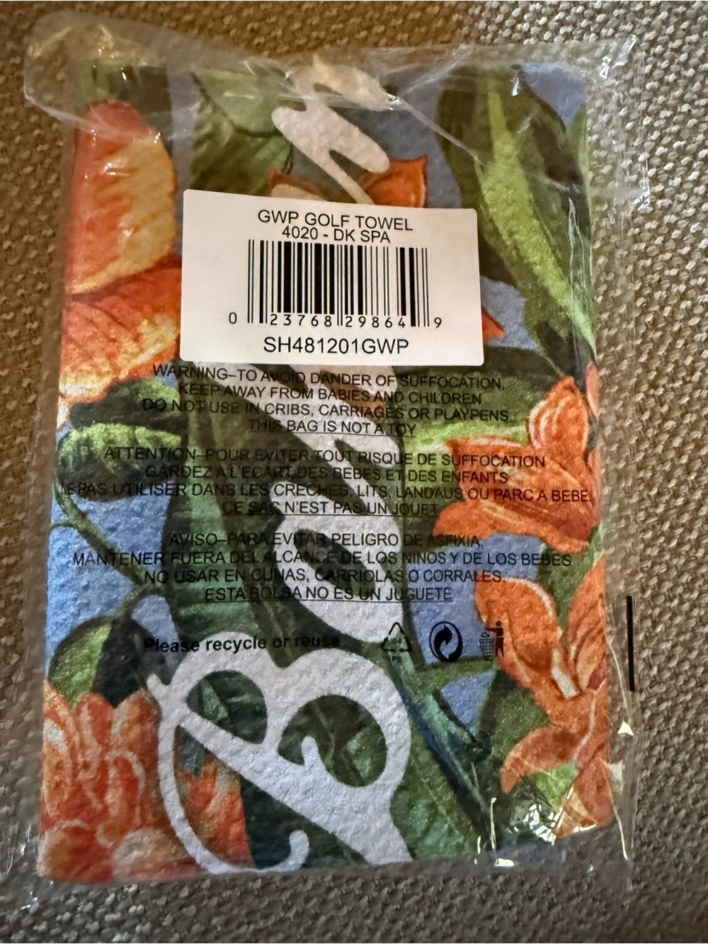 New Tommy Bahama Swag Golf Towel Microfiber Orange Floral Print Tropical Print
